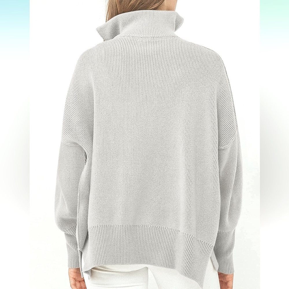 Long Sleeve 1/4 Zipper Collar Drop Shoulder Oversized Slouchy Sweater with Slit - Picture 2 of 8